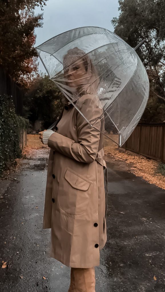Neutral Outfit - Trench Coat, Knee-High Boots, and Umbrella