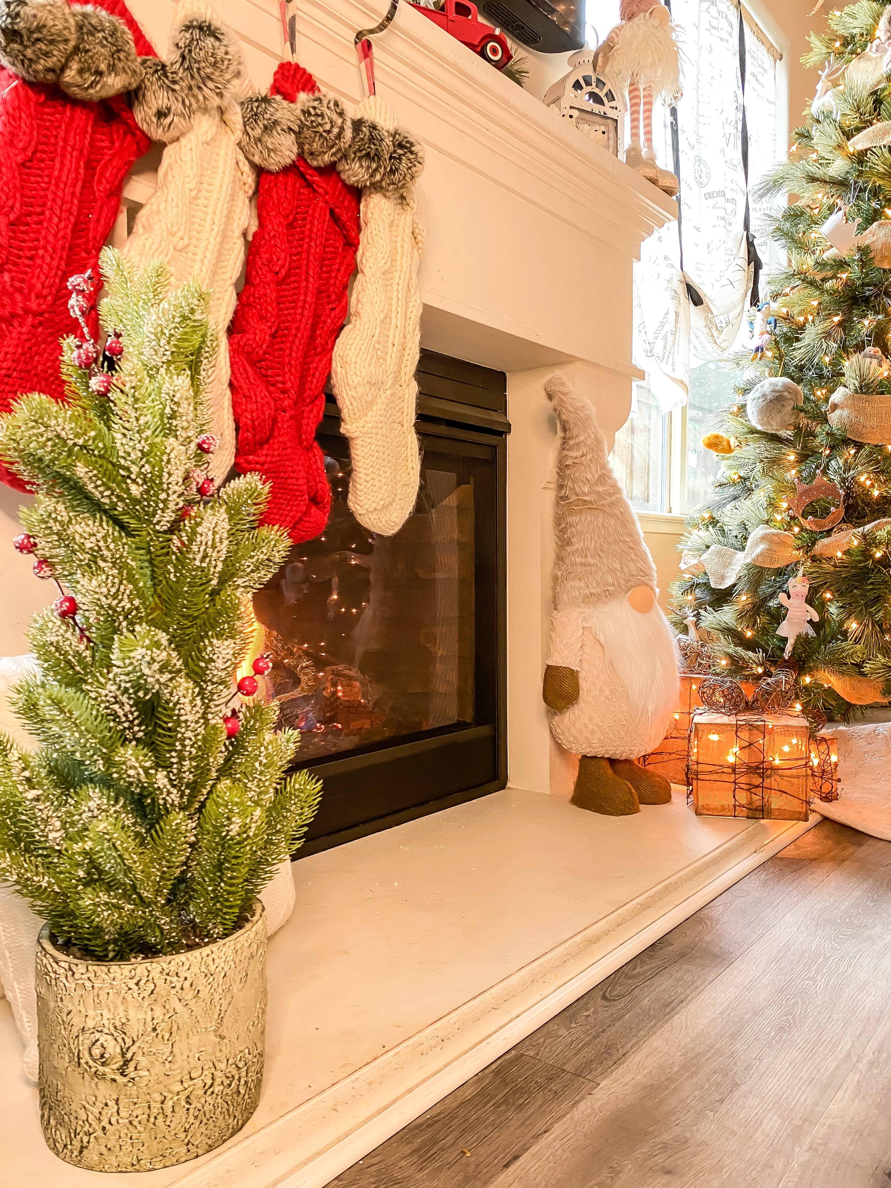 christmas decor fireplace stockings gnome