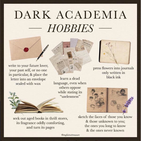 Dark Academia Hobbies - journaling, drawing, sketching, learning language, reading books, writing letters